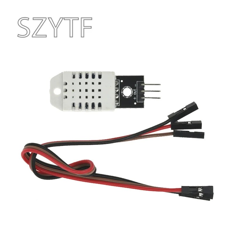DHT22/AM2302 breakout module with header pins marked +, -, and Out, plus jumper wires